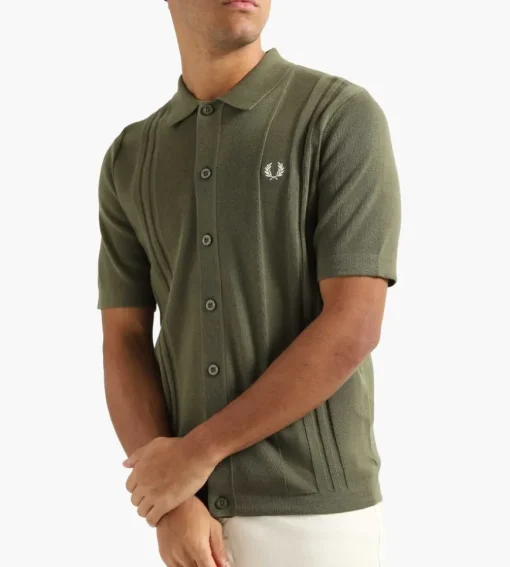 Fred Perry Button Through Knitted Shirt Uniform Green
