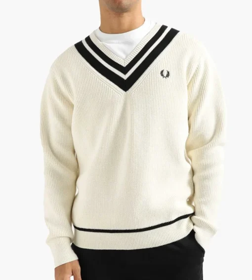 Fred Perry Striped Trim V-Neck Jumper Ecru