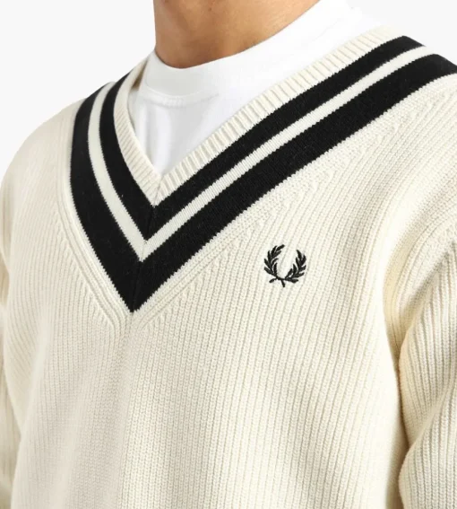 Fred Perry Striped Trim V-Neck Jumper Ecru