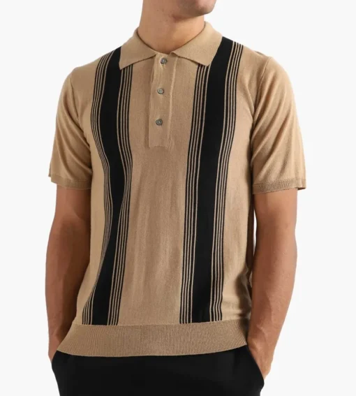 Wood Wood Arnold Stripe Short Sleeve Polo Camel