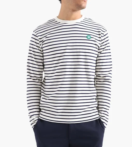 Wood Wood Mel Stripe Long Sleeve Gots Off-White Navy Stripes